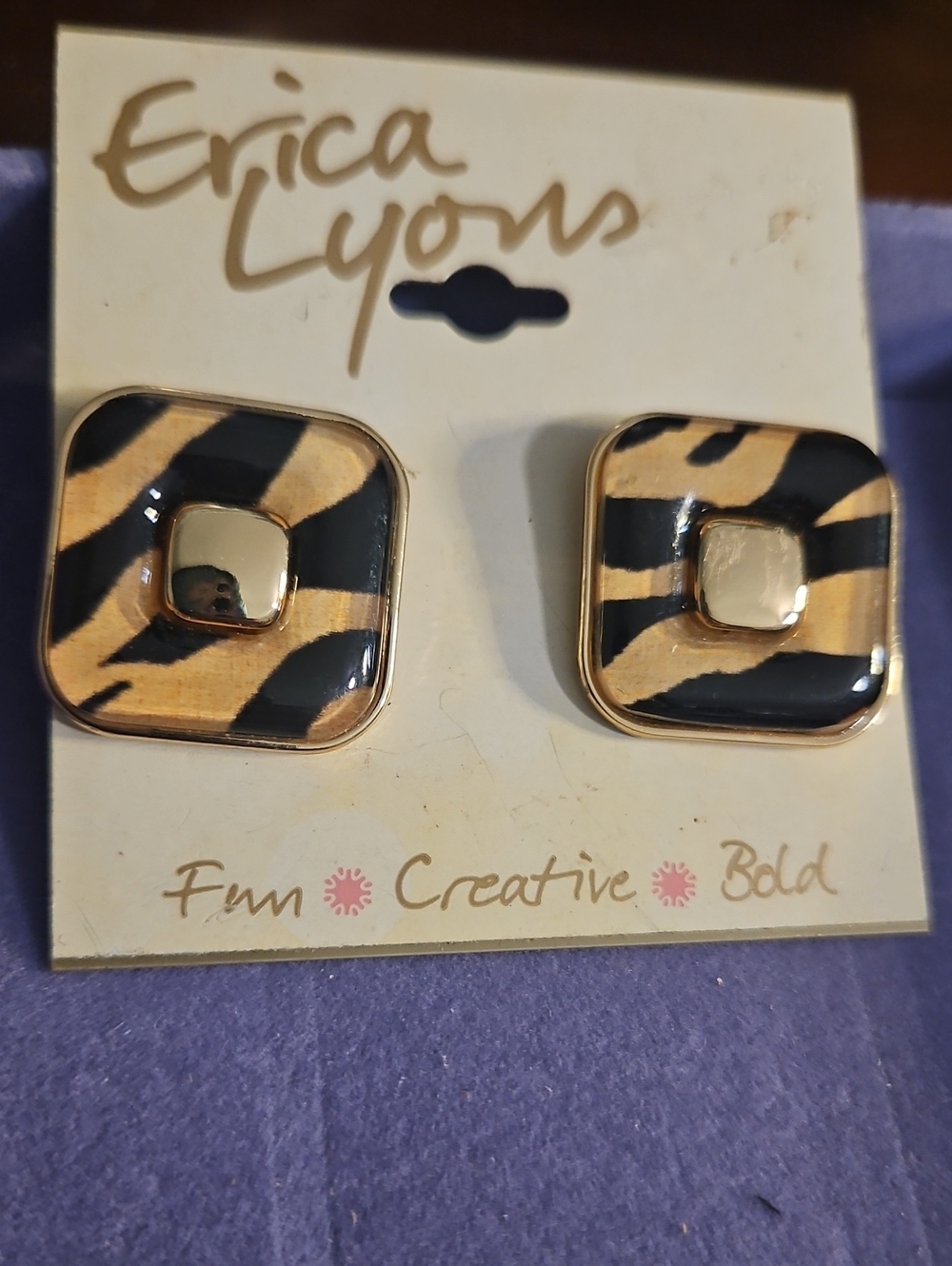 Erica Lyons Gold-Tone Square Studs with Black and Tan Leopard Print